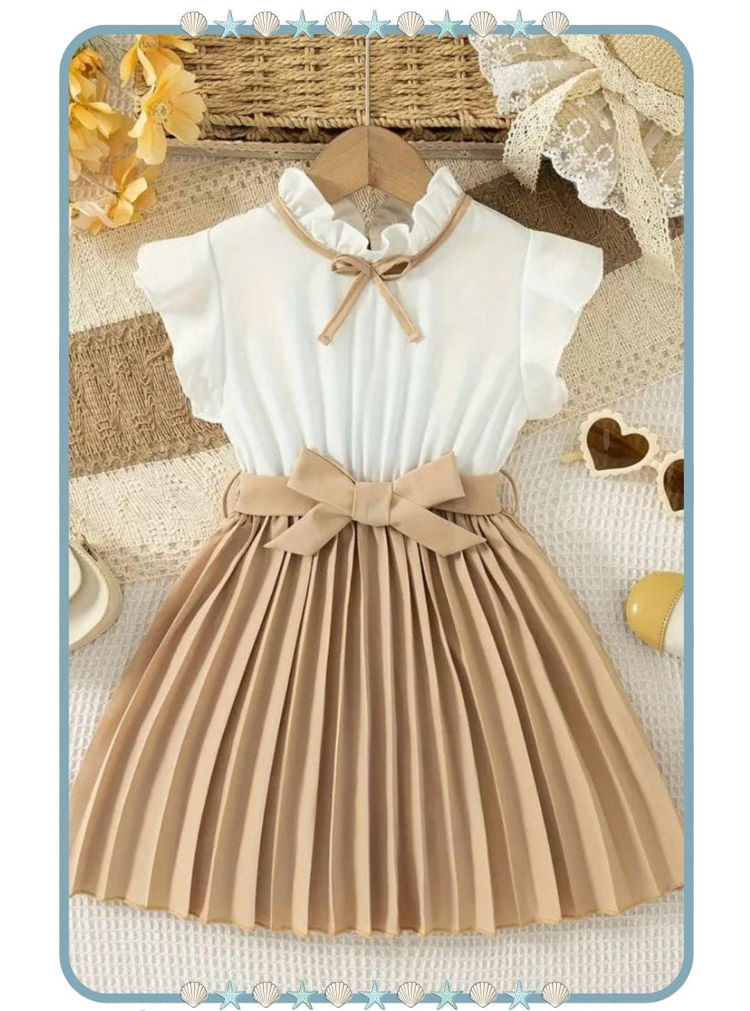 Vestido de Niña Blanco y Beige con Moños