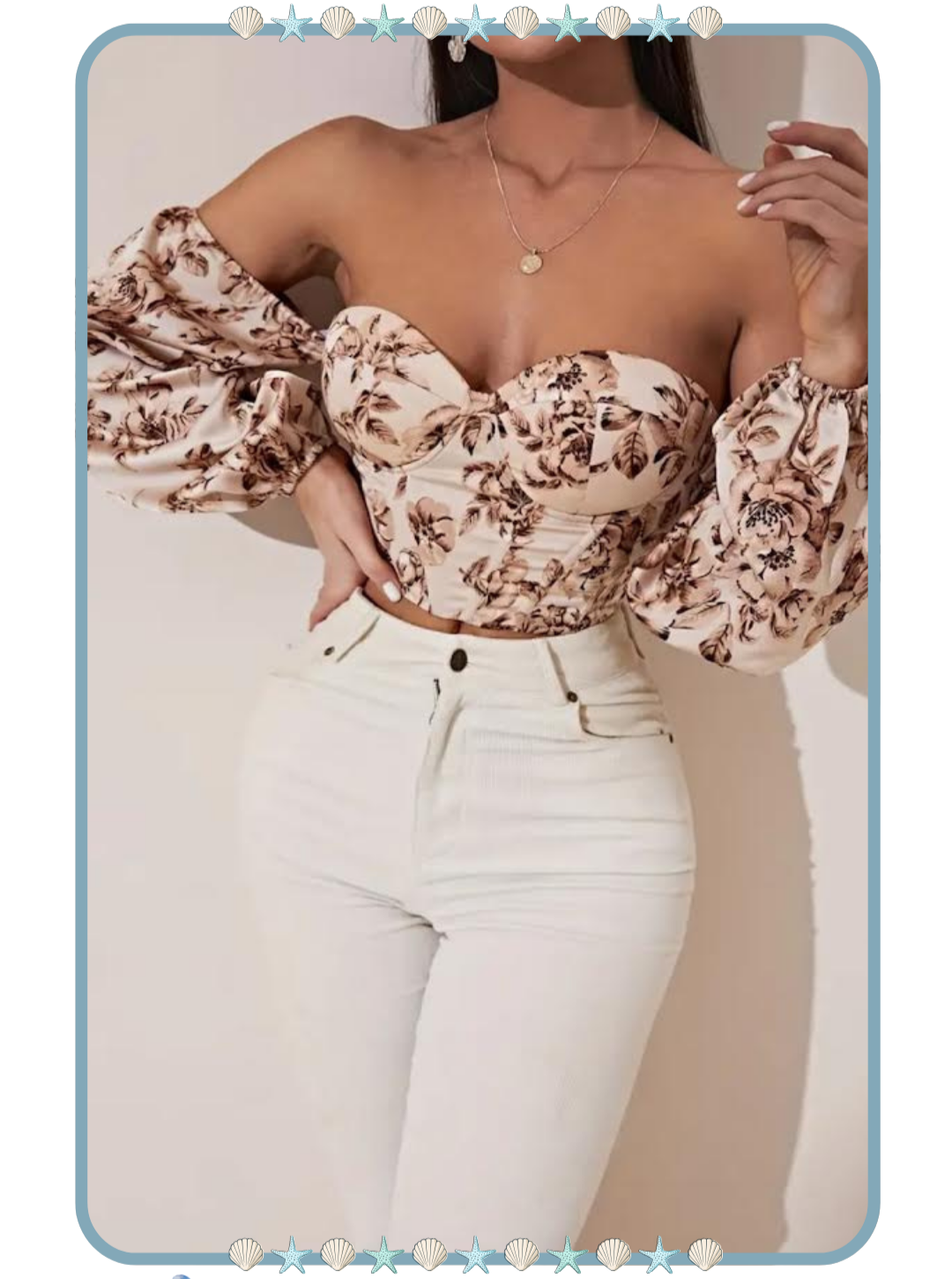 Top Beige con Flores y Amarre Tipo Corsé