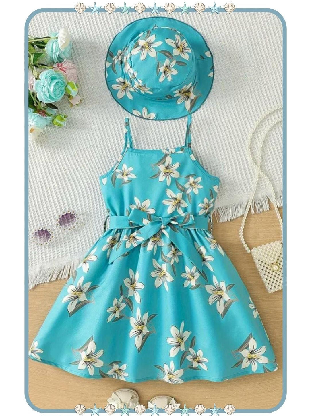 Vestido de Niña Turquesa con Flores y Sombrero