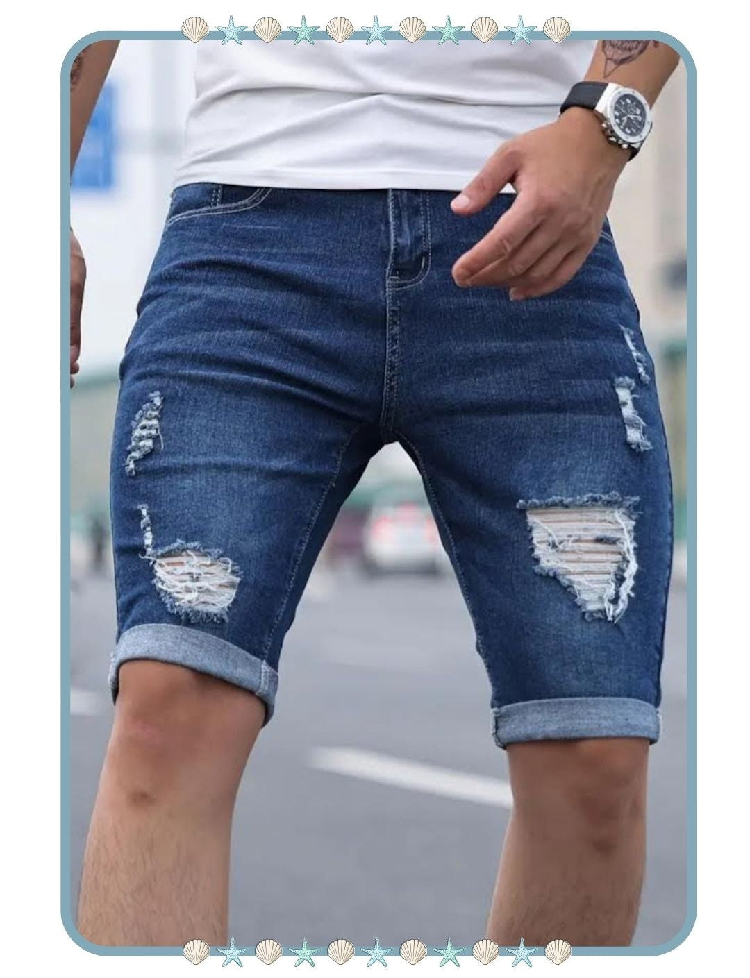 Short de Jean Azul Marino Rasgado de Hombre