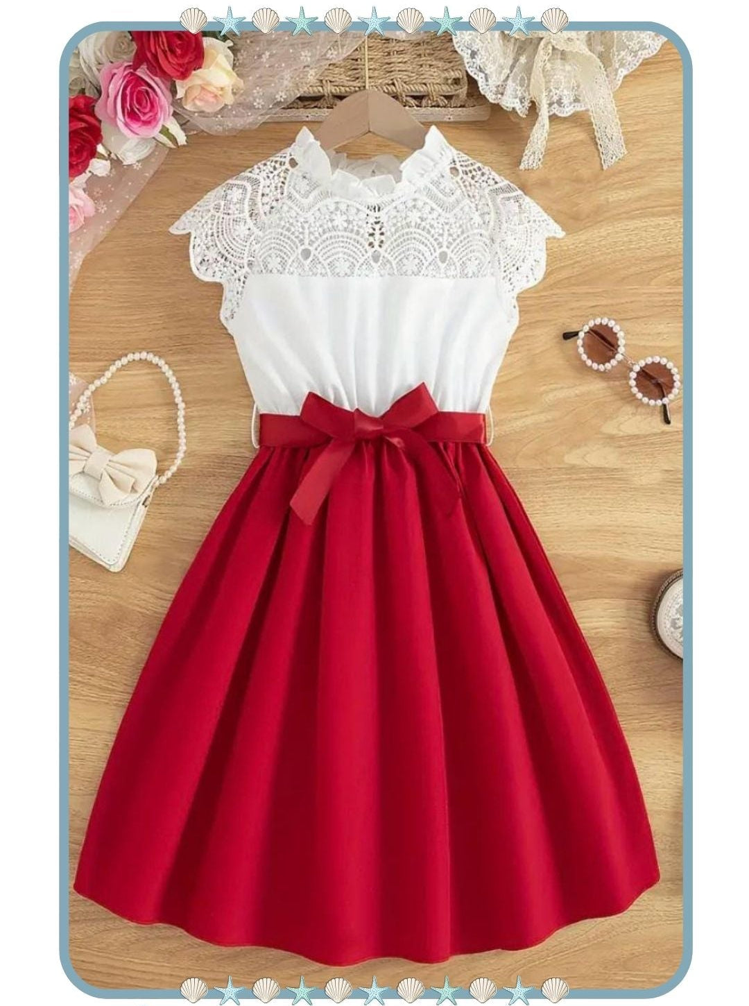 Vestido de Niña Rojo y Blanco con Encaje