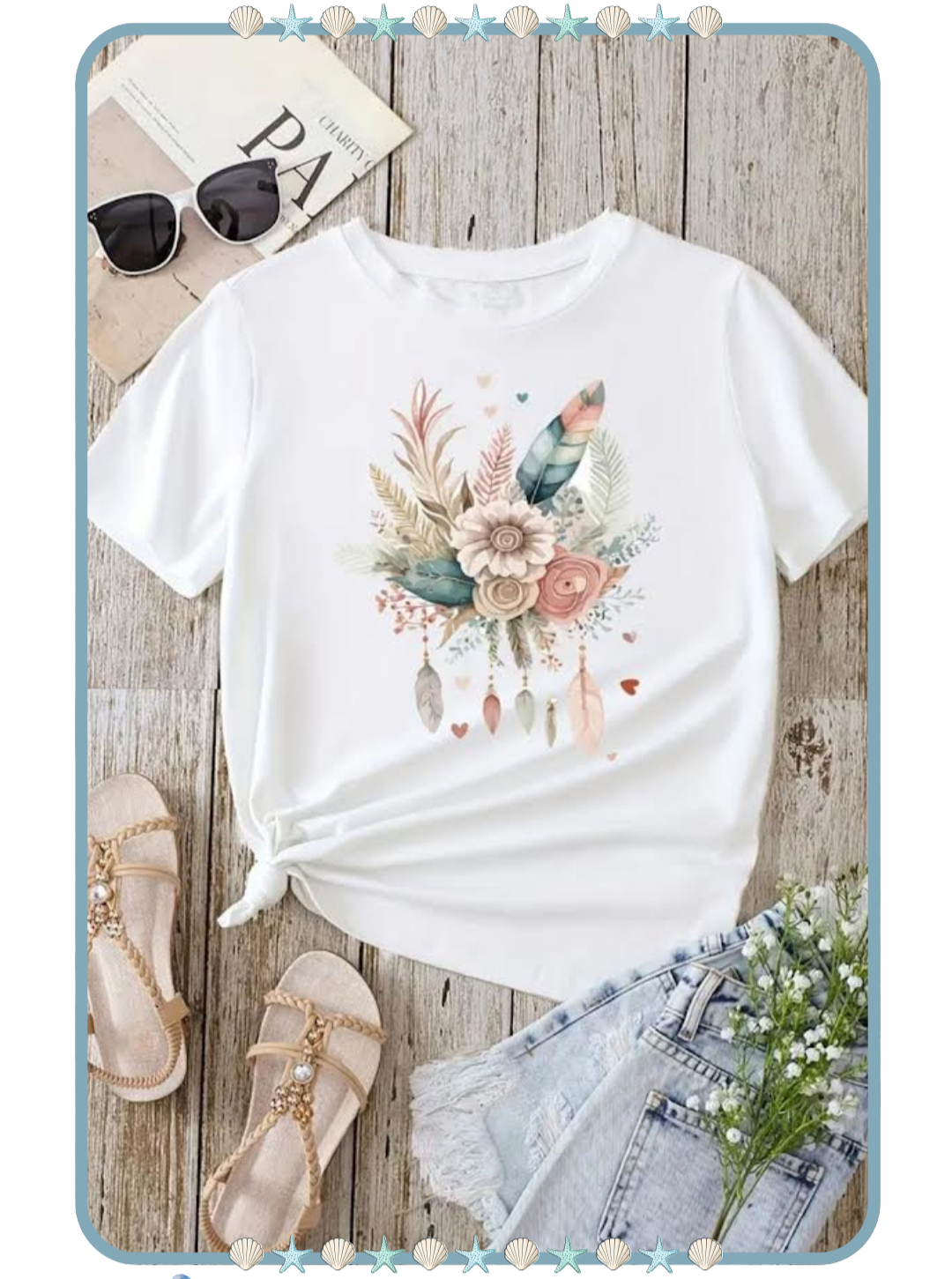 Camiseta para Mujer con Diseño Floral y Plumas