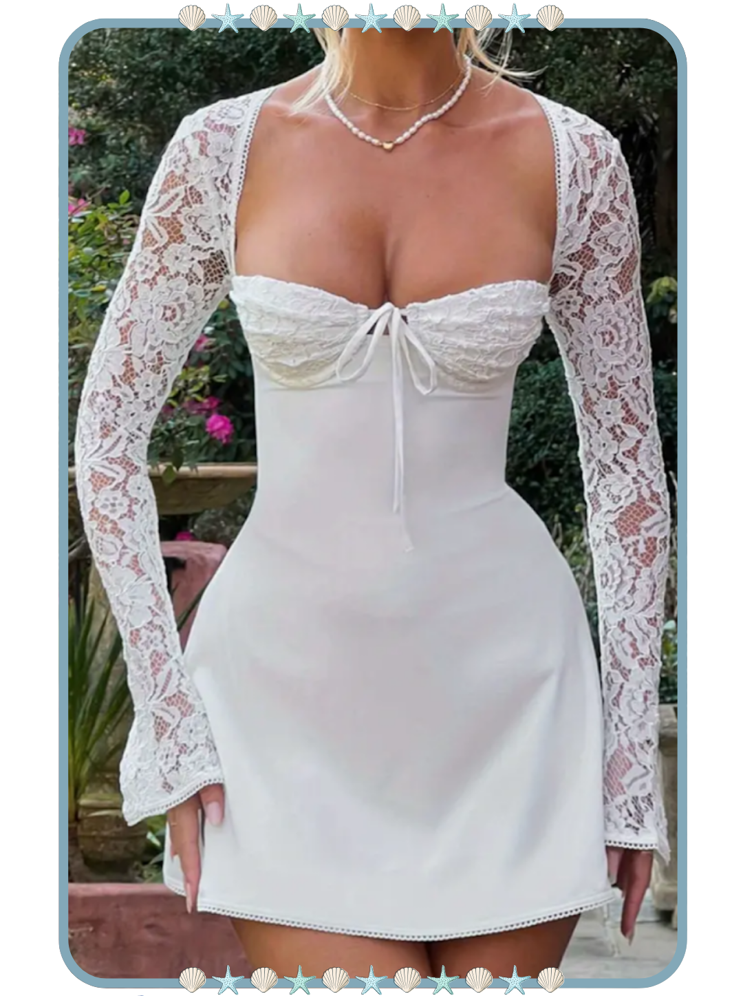 Vestido Corto para Mujer Blanco con Mangas de Encaje