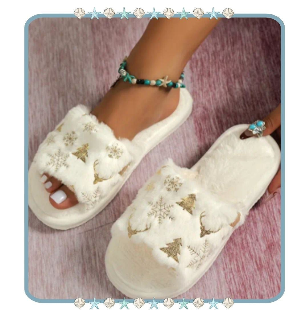 Pantuflas de Mujer Blancas con Detalles Dorados