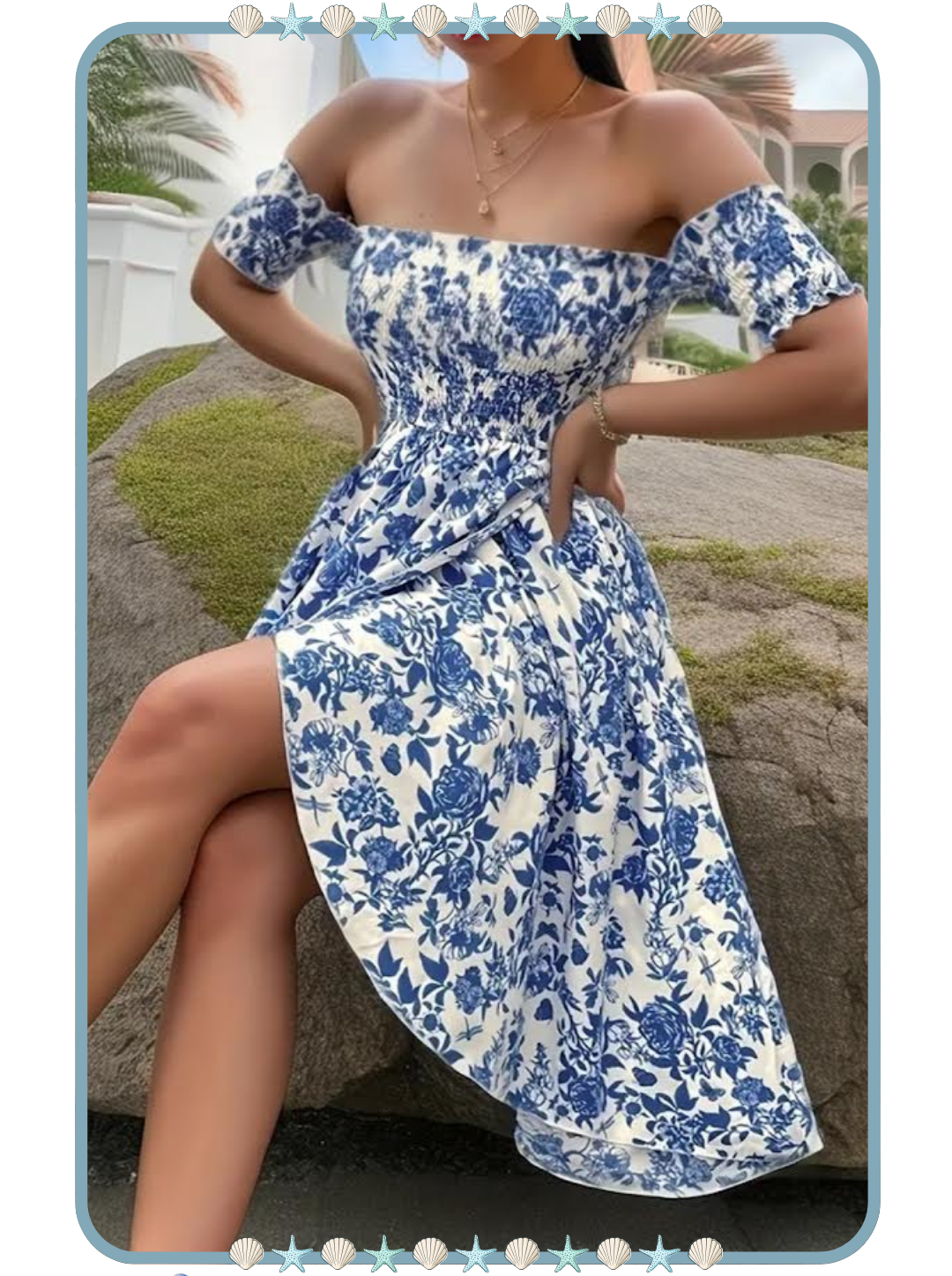 Vestido Largo para Mujer Blanco con Flores Azules